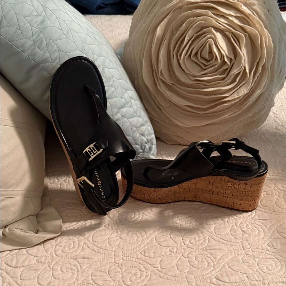 Tommy Hilfiger Black Cork Wedges